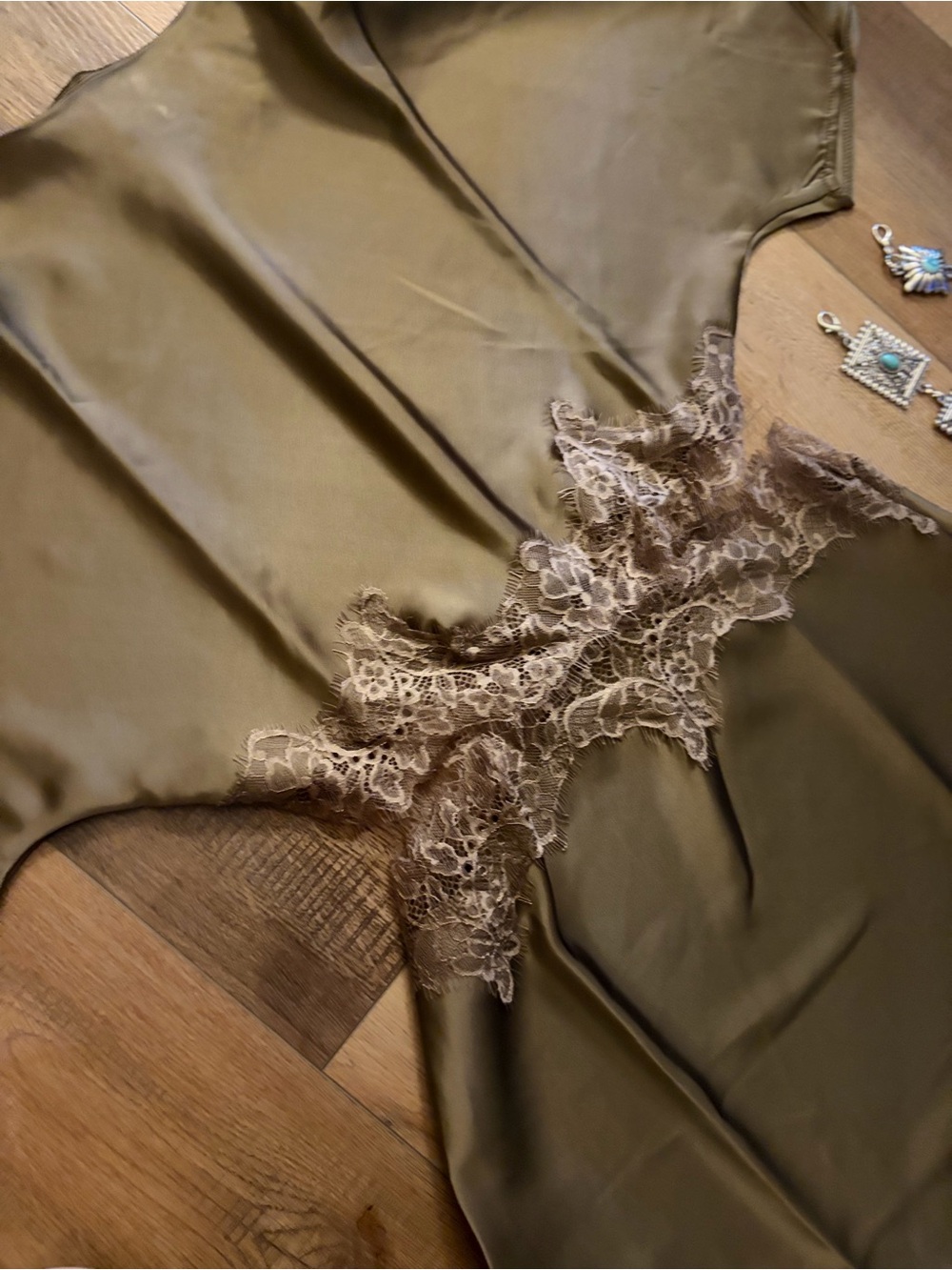 Olive Green Lace-Trim Satin Chemise Nightdress - Picture 7 of 7